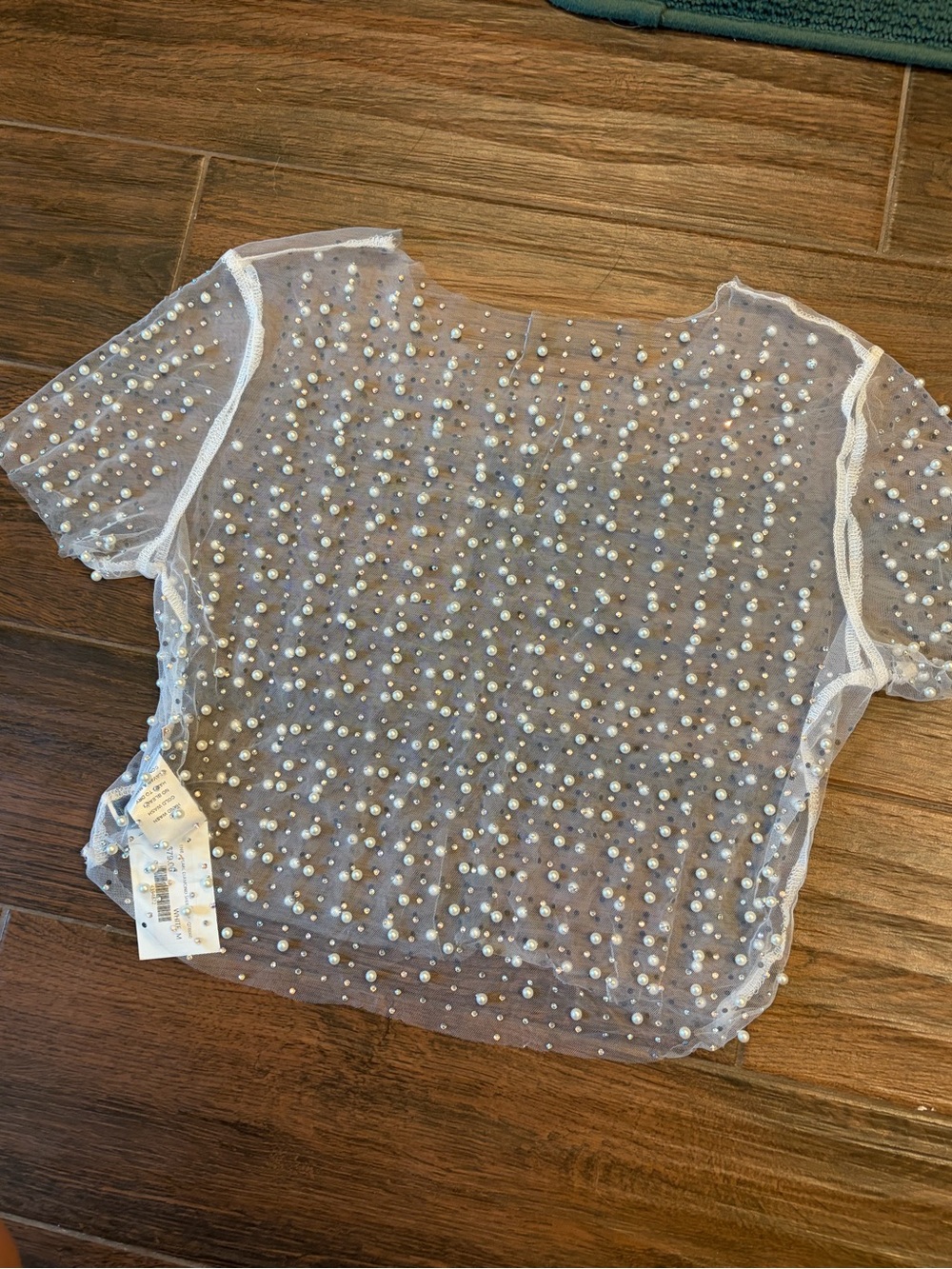 Sheer Pearl-Embellished White Top